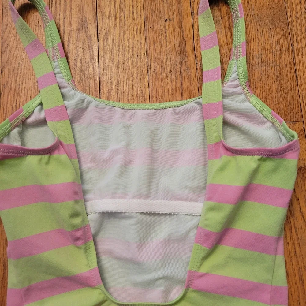 Vintage Ralph Lauren Sport 10 Swimsuit Pink Green Stripe Pony Logo USA Beach